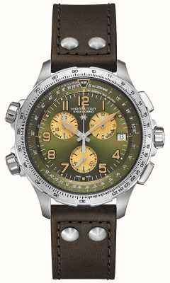 Hamilton Khaki Aviation X-Wind GMT Chronograph Quarz (46 mm), grünes Zifferblatt / braunes Lederarmband H77932560