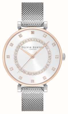 Olivia Burton Belgrave | silbernes Zifferblatt | Kristallset | Mesh-Armband aus Stahl 24000004