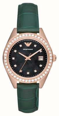 Emporio Armani Damen | schwarzes Perlmuttzifferblatt | Kristallset | grünes Lederband AR11506