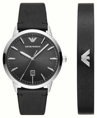 Emporio Armani Geschenkset für Herren | schwarzes Zifferblatt | schwarzes Lederband | schwarzes Lederarmband AR80064SET