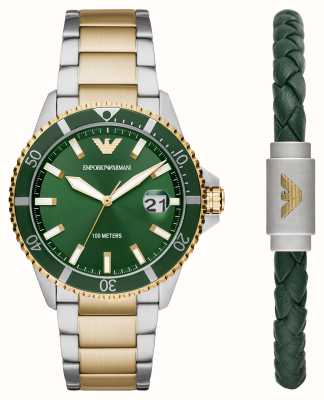 Emporio Armani Geschenkset für Herren | grünes Zifferblatt | zweifarbiges Armband | grünes Lederarmband AR80063SET