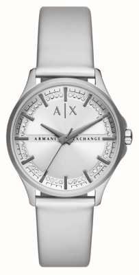 Armani Exchange Damen | silbernes Zifferblatt | Kristallset | silbernes PU-Lederband AX5270
