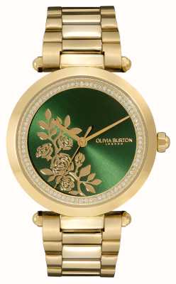 Olivia Burton Unterschrift | grünes florales Zifferblatt | goldenes Edelstahlarmband 24000043