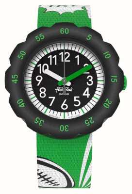 Flik Flak Versuchen Sie es hoch | schwarzes Zifferblatt | grünes Rugby-Stoffarmband FPSP063