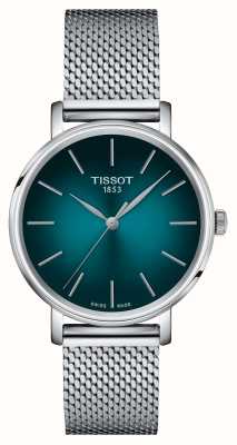 Tissot Everytime Quarz-Damenuhr (34 mm), türkisfarbenes Zifferblatt / Stahlgeflechtarmband T1432101109100