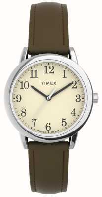 Timex Damen-Armbanduhr aus leicht ablesbarem, cremefarbenem Zifferblatt mit braunem Lederarmband TW2V69000
