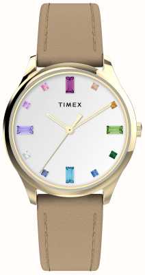 Timex Damenuhr mit weißem Regenbogenkristall-Zifferblatt und braunem Lederarmband TW2V76300