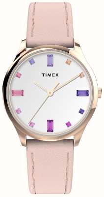 Timex Main Street-Damenuhr mit weißem Kristallzifferblatt und rosafarbenem Lederarmband TW2V76400
