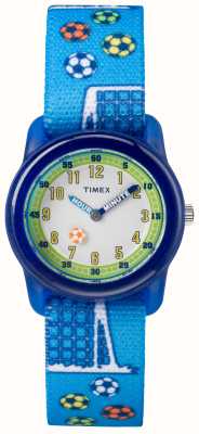 Timex Fußball-Fußball-Armbanduhr für Kinder (29 mm) mit weißem Zifferblatt und blauem Armband TW7C16500