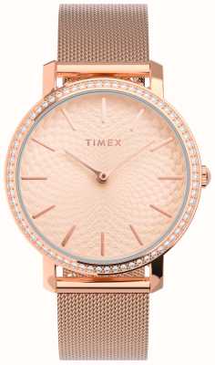 Timex Transcend-Damenarmband mit rosafarbenem Zifferblatt und roségoldfarbenem Mesh-Stahlarmband TW2V52500