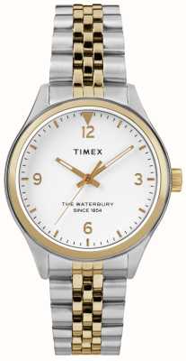 Timex Weißes Waterbury-Damenarmband mit weißem Zifferblatt und zweifarbigem Edelstahlarmband TW2R69500