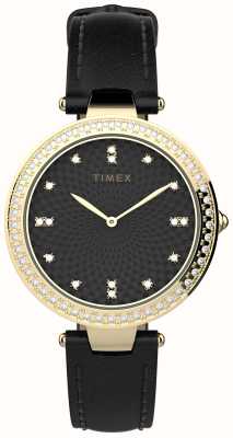 Timex Damenuhr mit schwarzem Zifferblatt und schwarzem Lederarmband TW2V45100