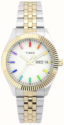 Timex Damen-Legacy-Regenbogenarmband aus zweifarbigem Edelstahl mit weißem Zifferblatt TW2V61600