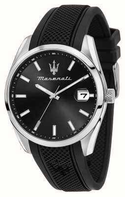 Maserati Herren-Attrazione (43 mm) mit schwarzem Zifferblatt und schwarzem Silikonarmband R8851151004