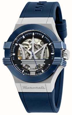 Maserati Potenza Herren-Armbanduhr mit automatischem Skelett-Zifferblatt und blauem Silikonarmband R8821108035
