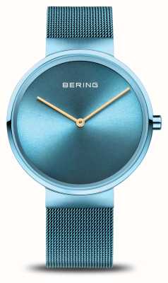 Bering Klassische Damenuhr (39 mm) mit blauem Zifferblatt und blauem Milanaise-Armband 14539-388