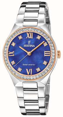 Festina Damen-Solarenergie-Armband (35 mm) aus blauem Perlmutt/Edelstahl, ab Werk ausgestellt F20658/2 EX-DISPLAY