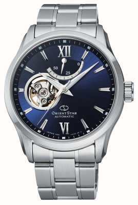 Orient Star Zeitgenössische mechanische Uhr mit offenem Herzen (39 mm), blaues Zifferblatt / Edelstahl RE-AT0001L00B