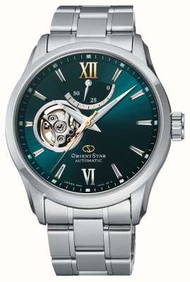 Orient Star Zeitgenössische mechanische Uhr mit offenem Herz (39 mm), türkisfarbenem Zifferblatt / Edelstahl RE-AT0002E00B
