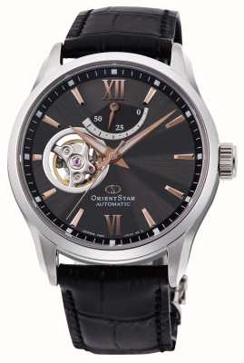 Orient Star Zeitgenössische mechanische Uhr mit offenem Herzen (39 mm), schwarzes Zifferblatt / schwarzes Leder RE-AT0007N00B