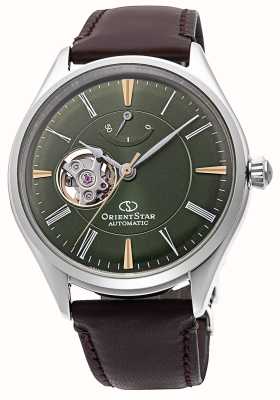 Orient Star Klassisches, halbskelettiertes mechanisches Uhrwerk (40 mm), grünes Zifferblatt/braunes Leder RE-AT0202E00B