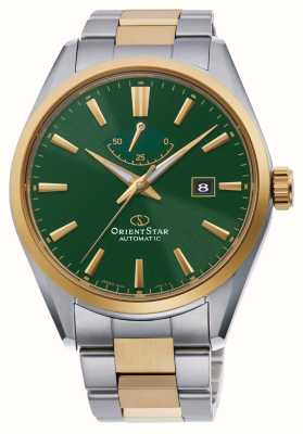 Orient Star Einfaches mechanisches Uhrwerk mit Datum (42 mm), grünes Zifferblatt/zweifarbiger Edelstahl RE-AU0405E00B