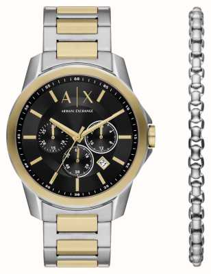 Armani Exchange Geschenkset für Herren (44 mm), schwarzes Zifferblatt/zweifarbiges Armband mit passendem Armband AX7148SET