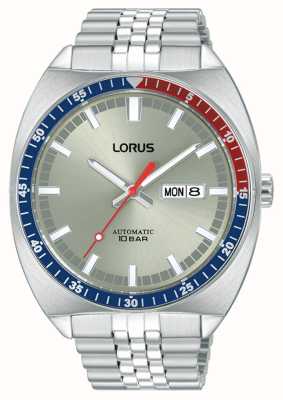 Lorus Sport-Automatik, Tag/Datum, 100 m (43 mm), silbernes Sonnenschliff-Zifferblatt/Edelstahl RL447BX9