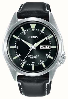 Lorus Sport-Automatik-Tag/Datum-Uhrwerk, 100 m (42 mm), schwarzes Sonnenschliff-Zifferblatt / schwarzes Leder RL423BX9