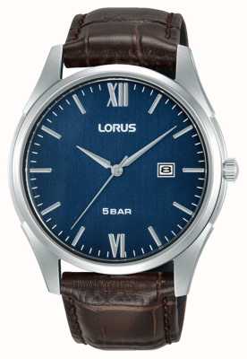 Lorus Klassisches Datum (42 mm), dunkelblaues Haarlinien-Zifferblatt / braunes Leder RH993PX9