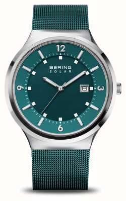 Bering Herren-Solar-Armband (42 mm) mit grünem Zifferblatt und grünem Edelstahl-Mesh-Armband 14442-808