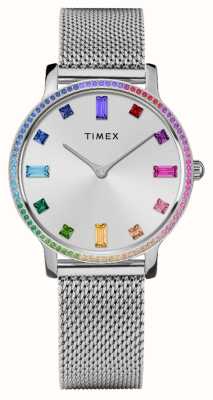 Timex Damenarmband (34 mm) mit silbernem Zifferblatt und Regenbogenkristallen/Edelstahlgeflecht TW2W19100