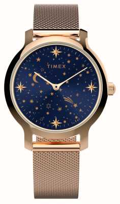 Timex Celestial Transcend Damenuhr (31 mm) mit blauem Zifferblatt und roségoldfarbenem Mesh-Armband aus Stahl TW2W21400