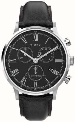Timex Herren-Waterbury-Klassiker (40 mm) mit schwarzem Zifferblatt und schwarzem Lederarmband TW2U88300