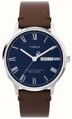 Timex Waterbury-Herrenuhr (40 mm) mit blauem Zifferblatt und braunem Lederarmband TW2W14900