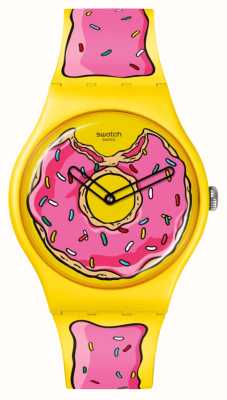 Swatch X The Simpsons Seconds of Sweetness (41 mm), Zifferblatt mit Donut-Aufdruck / Silikonarmband mit Zuckerguss-Aufdruck SO29Z134