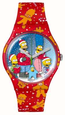 Swatch X The Simpsons wundersames Winterwunderland (41 mm), Zifferblatt mit Simpson-Aufdruck / rot bedrucktes Silikonarmband SUOZ361