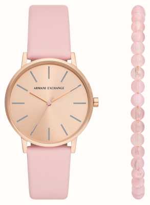 Armani Exchange Geschenkset für Damen (36 mm) Roségold-Zifferblatt / rosa Lederarmband mit passendem Armband AX7150SET