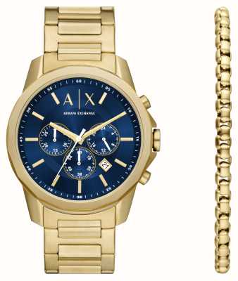 Armani Exchange Geschenkset für Herren (44 mm) mit blauem Zifferblatt und goldfarbenem Edelstahlarmband mit passendem Armband AX7151SET