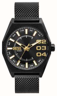 Diesel Herren-Scraper (43 mm) mit schwarzem Zifferblatt und schwarzem Edelstahl-Mesh-Armband DZ2194