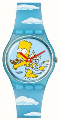 Swatch X The Simpsons Angel Bart (34 mm) Zifferblatt mit Simpsons-Aufdruck / blau gemustertes Silikonarmband SO28Z115