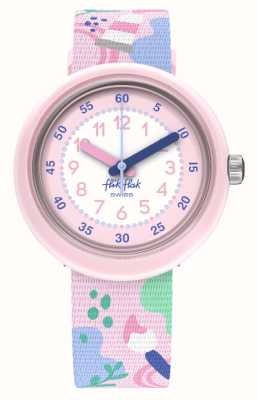 lik Flak Kunstliebhaber für Kinder (31,85 mm), weißes und rosafarbenes Zifferblatt / rosafarbenes Stoffarmband mit Kunstmuster FPNP142
