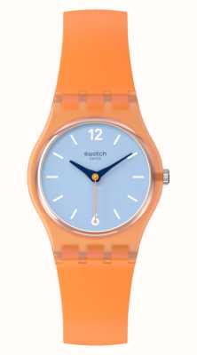 Swatch Blick von einem Mesa (25 mm) mit blauem Zifferblatt und orangefarbenem Silikonarmband LO116