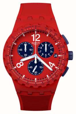 Swatch Hauptsächlich rotes (42 mm) rotes und blaues Chronographenzifferblatt / rotes Silikonarmband SUSR407