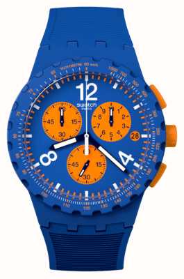 Swatch Hauptsächlich blaues (42 mm) blaues und orangefarbenes Chronographen-Zifferblatt / blaues Silikonarmband SUSN419