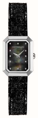 Herbelin Damen-Octagon-Uhr (20,4 mm), schwarzes Perlmuttzifferblatt / schwarzes glitzerndes Lederarmband 17446AP49