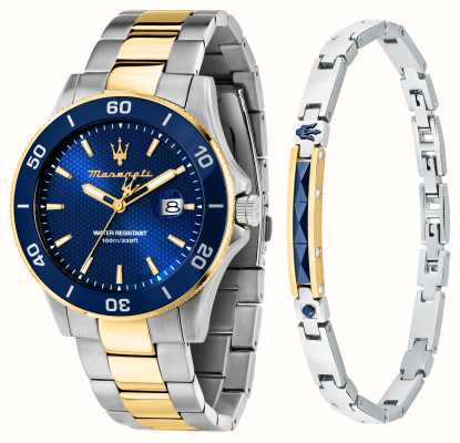 Maserati Geschenkset aus Competizione-Uhr und Armband für Herren (43 mm), blaues Zifferblatt / zweifarbiges Edelstahlarmband R8873600007