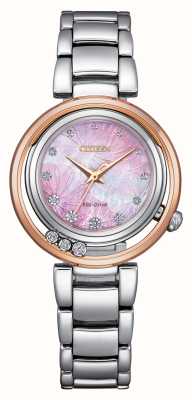 Citizen Damen-Armbanduhr mit Arcly Eco-Drive (30 mm), rosafarbenem Perlmuttzifferblatt und Edelstahlarmband EM1114-80Y