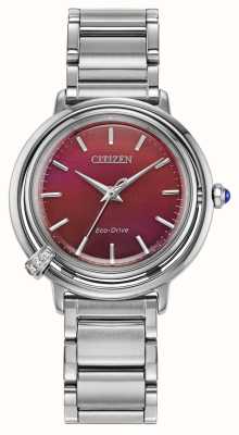Citizen Damen-Armbanduhr mit Arcly Eco-Drive (31 mm), rotem Zifferblatt und Edelstahlarmband EM1091-67X