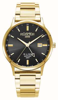 Roamer R-Line GMT (43 mm) schwarzes Zifferblatt / austauschbares goldenes Edelstahlarmband und schwarzes Lederarmband 990987 48 85 05